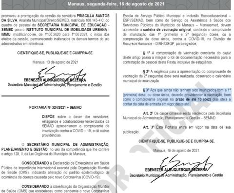 Secretaria de Planejamento de Manaus exige que servidores se vacinem contra a Covid-19