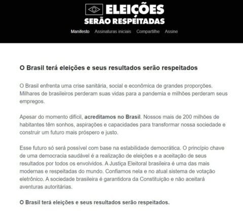 Empresários e lideranças políticas e religiosas divulgam manifesto em defesa das eleições e da Justiça Eleitoral