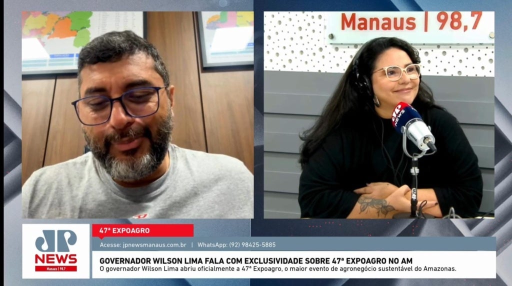 O governador Wilson Lima durante entrevista exclusiva sobre a Expoagro 2025, no Parque Multiuso Dr. Eurípedes Ferreira Lins - Foto: Jovem Pan News Manaus