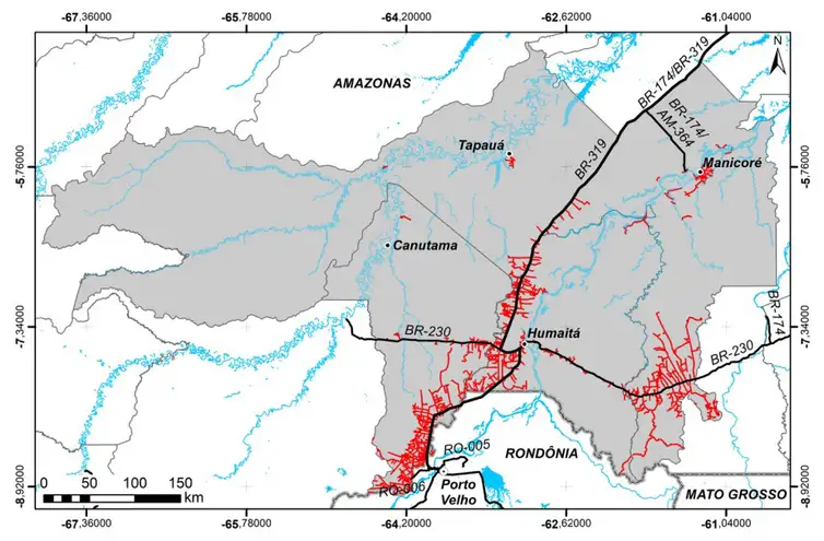 Mapa mostra ramais na floresta que acompanham a BR-319 nos municípios de Canutama, Humaitá, Manicoré e Tapauá, no sul do Amazonas - Arte/Nota técnica OBR-319