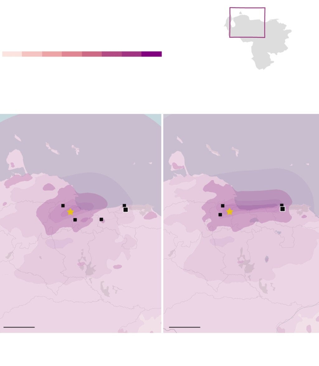 Mapa mostra os epicentros dos dois terremotos que atingiram a Venezuela e foram sentidos em estados da Região Norte do Brasil - Foto: Reprodução